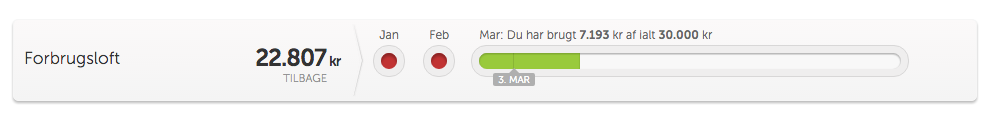 Forbrugsloft på 30000 kr hvor der i marts er brugt 7193 kr